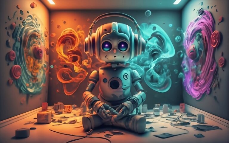 A robot sitting in a room wearing headphones wit transformed fd0472