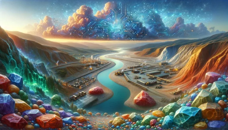 DALL·E 2024 02 09 13.52.42 An imaginative landscape featuring rare earth minerals and water symbolizing the manufacturing of AI chips in a 16 9 aspect ratio. The scene include