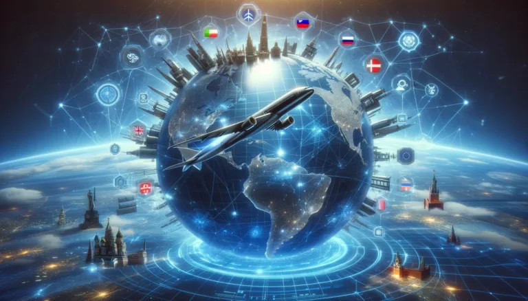 DALL·E 2024 02 12 13.34.25 A futuristic tech inspired image depicting an airplane trip around the globe focusing on geopolitics in a 16 9 aspect ratio. The image features a s